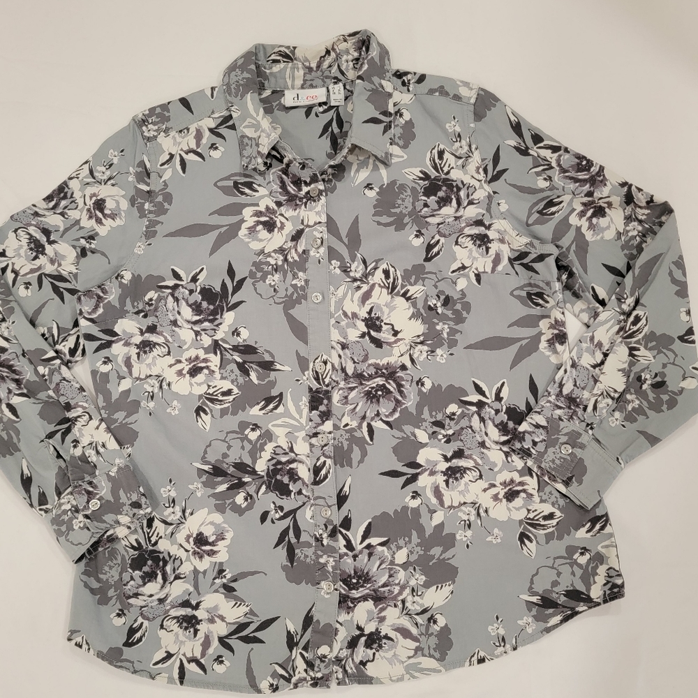 Denim & Co L Grey Floral Stretch Chambray Button Up Shirt